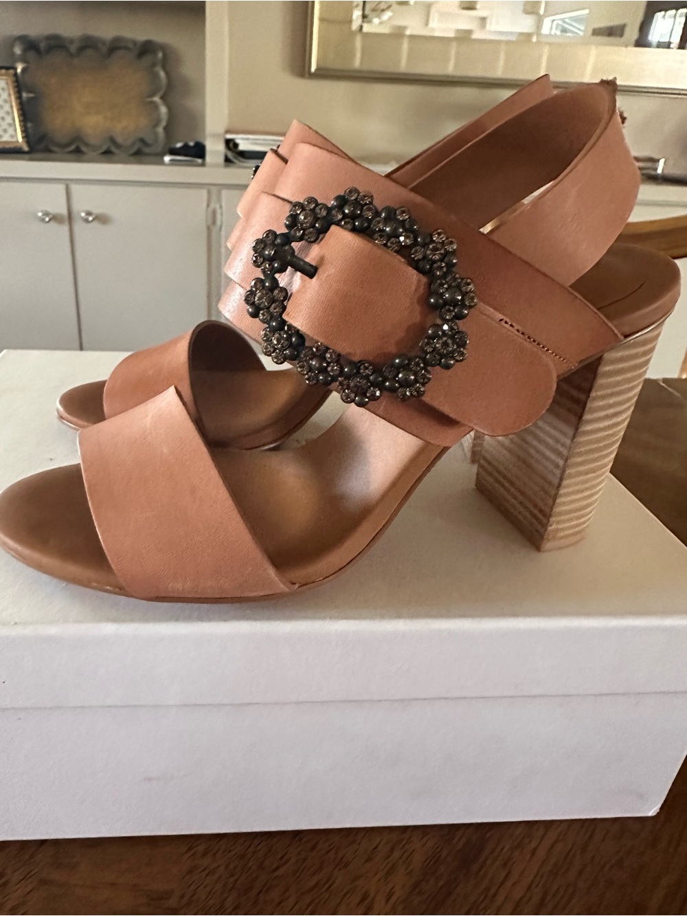See by Chloe Women’s Tan Block Heel Sandals with Embellished Buckle